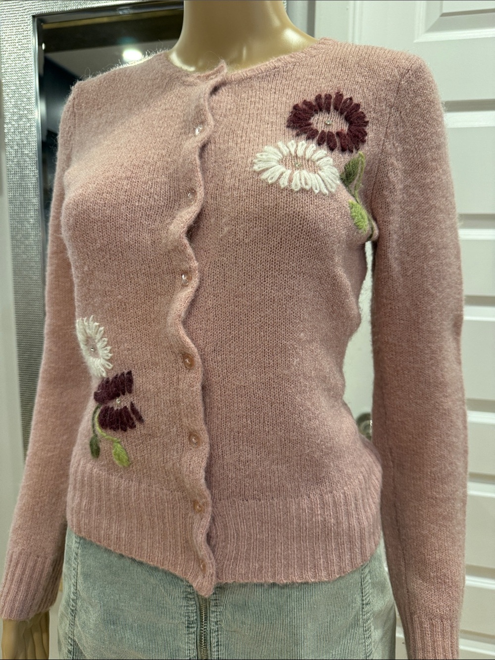Vintage J.J. Basics Pink Mohair Blend Floral Cardigan – Size M